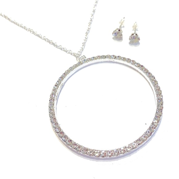 Circle Of Life Necklace Earrings Set Silver Tone Clear Sparkling Rhinestone - Picture 4 of 6